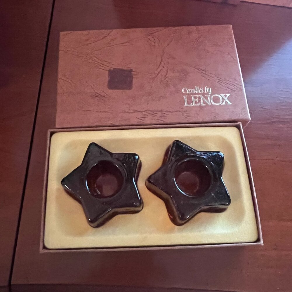 Vintage Lenox in Original Box Amber Glass Candle Holders Shaped like Stars